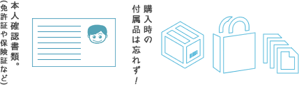 本人確認書類(免許証や保険証など)。購入時の付属品は忘れず！